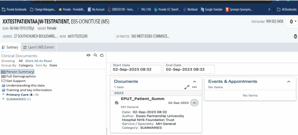 This image shows a healthcare software interface displaying patient information.
The interface shows several tabs including "Summary" and "Launch SNEE (Cerner)". The main content area displays "Clinical Documents" with filtering options showing "All" documents marked as read, grouped by "Category" and sorted by "Date".
On the left side is a navigation menu with options like:
Person Summary
Full Demographics
Get Support
Understanding this data
Training and key information
Primary Care (8/8)
SUMMARIES (1)
The main panel shows document details for September 2, 2023, including:
Start Date: 02-Sep-2023 08:32
End Date: 02-Sep-2023 08:32
A document titled "EPUT_Patient_Summ" from MH General
Author: Essex Partnership University Hospital NHS Foundation Trust
Service/Specialty: MH General
Category: SUMMARIES
There's also an "Events & Appointments" section showing "No items".