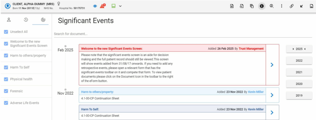 This image shows a healthcare software interface displaying a patient search results page. At the top is a search bar with "client" entered as the search term. Below are three patient records listed.
Each record shows the patient's name, title, date of birth, gender, hospital identification number, and various status indicators including notification bells and alert symbols.