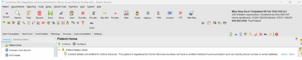 Screenshot of an open patient record in SystmOne showing the patient information interface