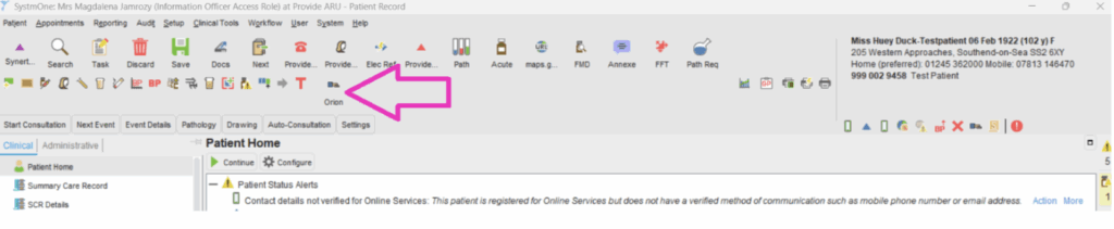 Screenshot of SystmOne toolbar with an arrow pointing to the Orion button that provides access to the Shared Care Record