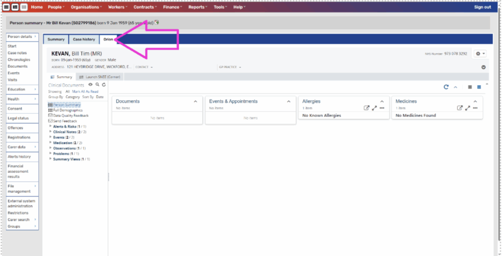 Screenshot of Mosaic patient record interface highlighting the Orion tab that users need to click to access the Shared Care Record