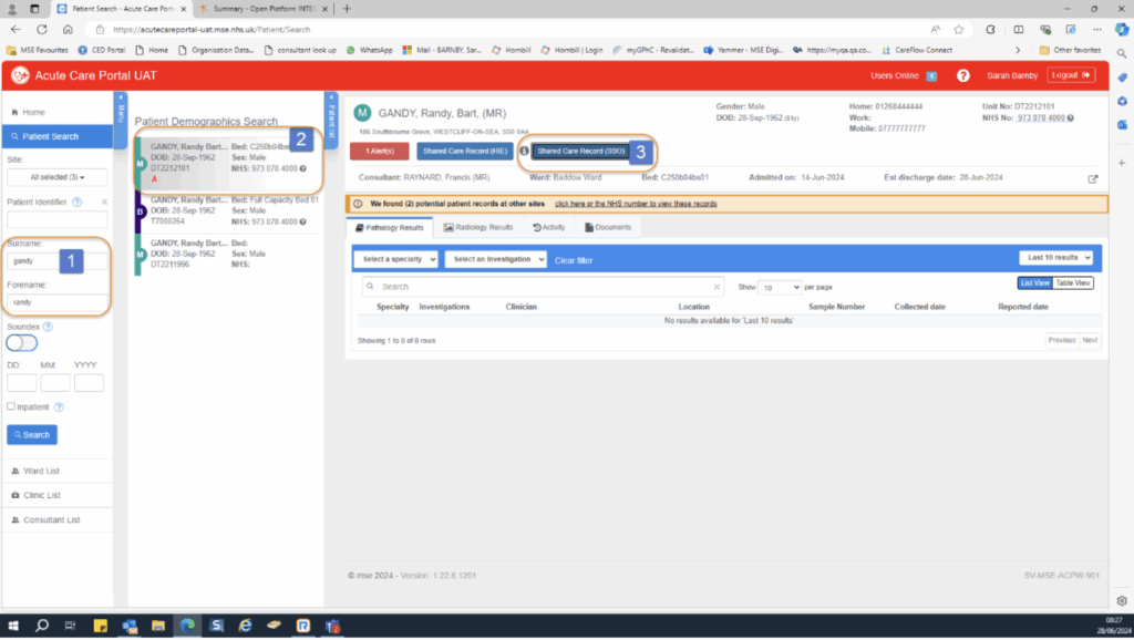 Screenshot showing a patient's Shared Care Record interface that opens in a new window after clicking the Orion button