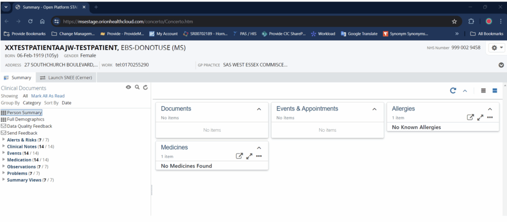 Screenshot showing a patient's Shared Care Record interface that opens in a new window after clicking the Orion button