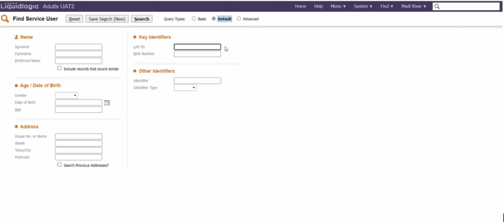 Screenshot of LiquidLogic system showing the search interface where users enter a person's local identifier to find their record