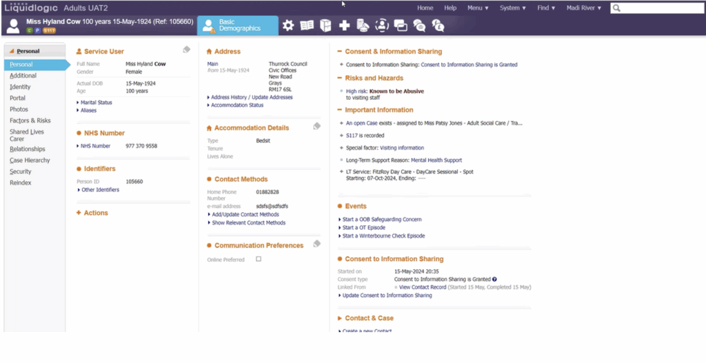 Screenshot of LiquidLogic person's record interface