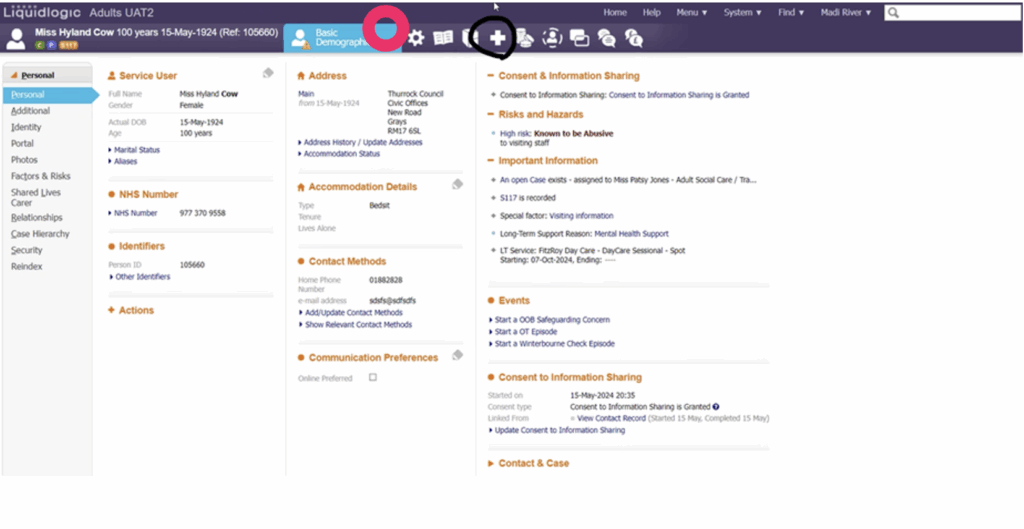 Screenshot of LiquidLogic person's record interface showing the cross-shaped health record icon (highlighted with a circle) that users need to click
