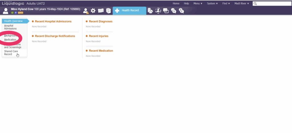 Screenshot of LiquidLogic health record section displaying the 'Shared Care Record' button option
