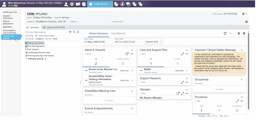 Screenshot showing the successfully launched Shared Care Record interface