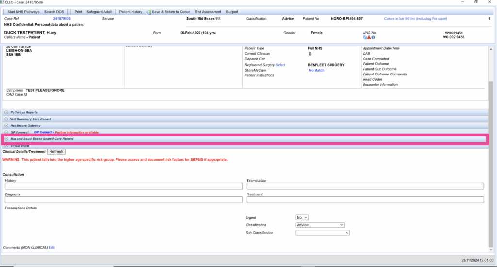 Screenshot of a patient's case in Cleo Core highlighting the 'Mid and South Essex Shared Care Record' label that users need to click
