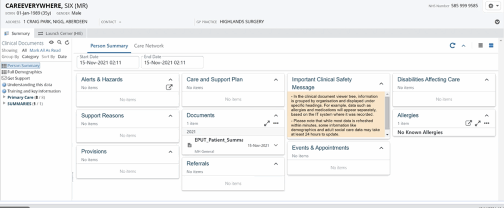 Screenshot showing the person's shared care record interface that displays after clicking the Shared Care Record label
