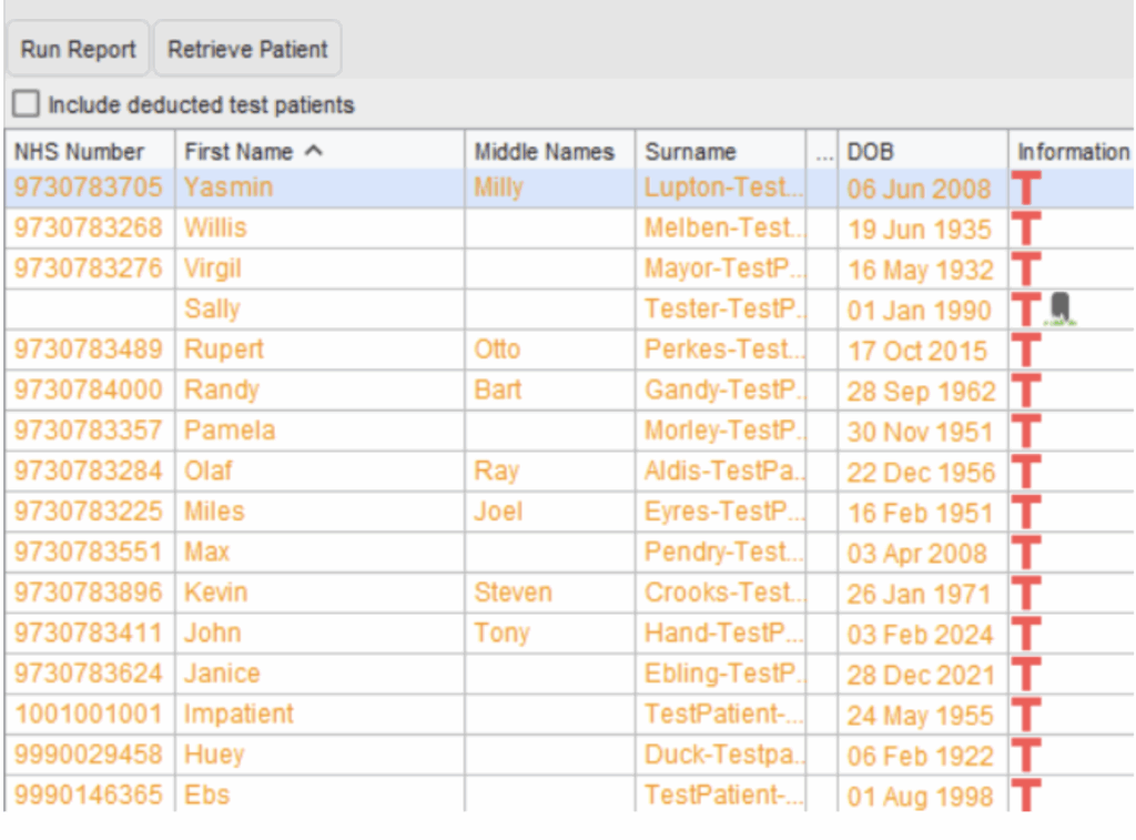 Screenshot showing a list of patients displayed in the SystmOne patient record system search results