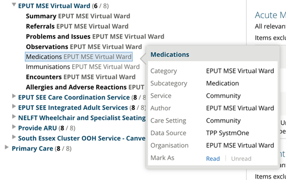 Screenshot displaying a tooltip or hover popup showing detailed information about a subfolder, including fields for category, subcategory, service, author, care setting, data source, and organization.