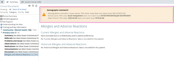 Screenshot of a demographic mismatch alert banner displayed at the top of a subfolder page, warning users that demographic information from different IT systems does not match.