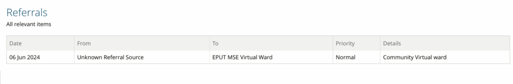 Screenshot displaying the referral subfolder content, showing referral information and related clinical data for the patient.
