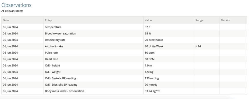 Screenshot showing the observations subfolder content, displaying clinical observations, test results, and measurement data for the patient.