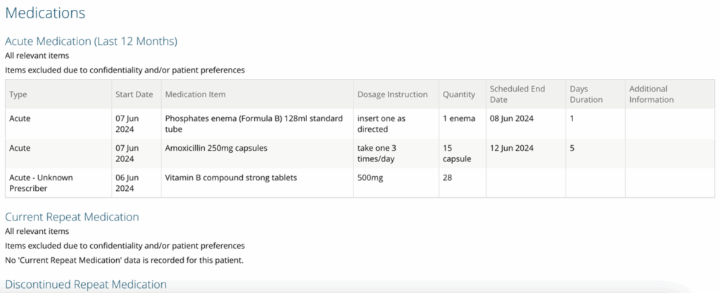 Screenshot of the medications subfolder showing current and historical medication information, prescriptions, and related pharmaceutical data.
