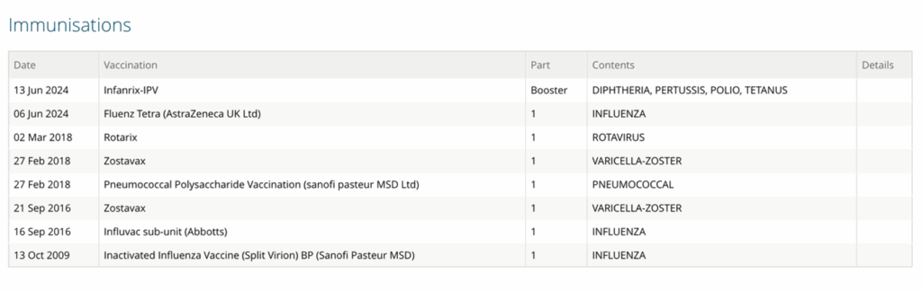Screenshot displaying the immunizations subfolder content, showing vaccination records and immunization history for the patient.