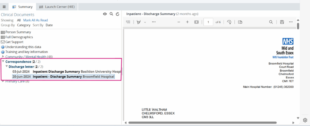 Screenshot of the clinical document viewer showing the correspondence section where discharge summaries and letters from Mid and South Essex Foundation Trust (MSEFT) can be accessed.