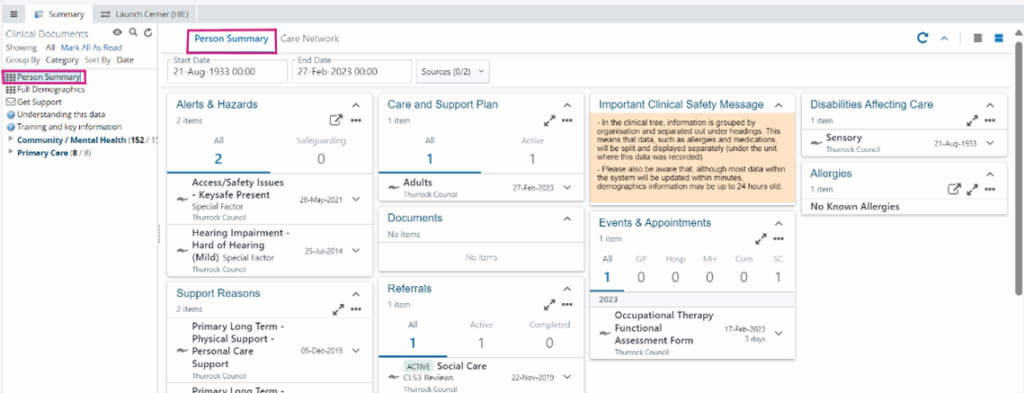 Screenshot of the Shared Care Record person summary screen displaying multiple dashboard cards with patient care information arranged in a grid layout, showing various categories of clinical data and patient details.