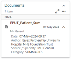 Documents dashboard card displaying a chronological list of patient documents with information including date, author, and document category.