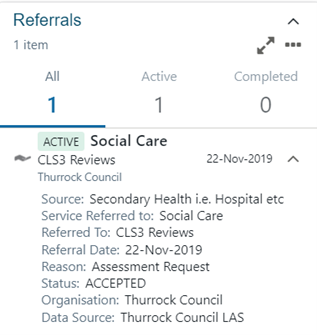 Three examples of referrals dashboard cards showing different referral statuses and information, including service referred to, referral dates, and completion status.