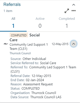 Three examples of referrals dashboard cards showing different referral statuses and information, including service referred to, referral dates, and completion status.