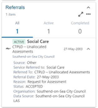 Three examples of referrals dashboard cards showing different referral statuses and information, including service referred to, referral dates, and completion status.