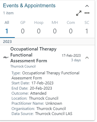 Expanded view of the events and appointments dashboard card displaying additional details for each event including type, outcome, location, and practitioner information.