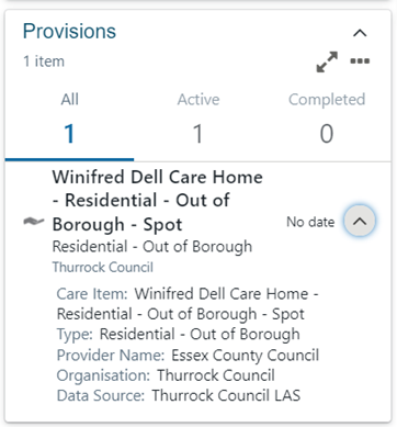 Provisions dashboard card displaying current care provision information including service type, provider name, and status (active or completed).
