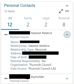 Personal contacts dashboard card showing key personal contacts including family members, legal contacts, and personal relationships with filtering options by contact type.