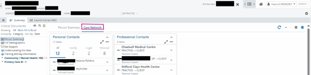Screenshot of the Shared Care Record care network screen showing dashboard cards with information about healthcare professionals and contacts involved in the patient's care.