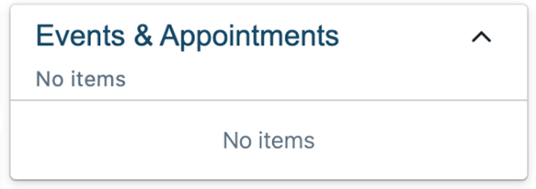 Events and appointments dashboard card showing 'no items' state when no appointment or event data is available for display.