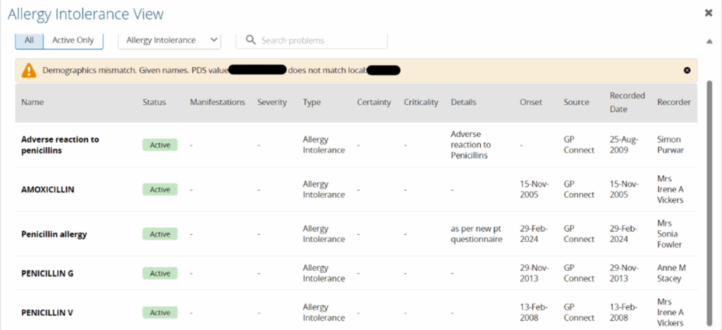 Pop-up window displaying detailed allergy and adverse reaction information in a table format with columns for name, status, manifestations, severity, type, certainty, criticality, details, onset, source, recorded date, and recorder.