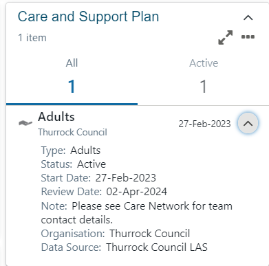 Care and support plan dashboard card showing the status of care plans (active or inactive) with key details such as start dates and review dates.