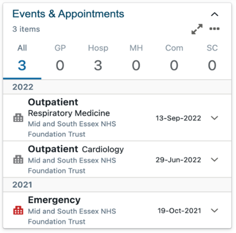 Events and appointments dashboard card displayed in comfortable view mode showing standard information layout with appropriate spacing