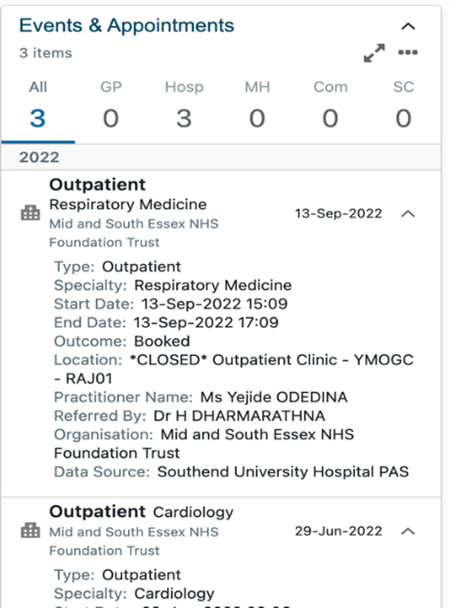 Events and appointments dashboard card displayed in expanded view mode showing comprehensive details and full information for all items.