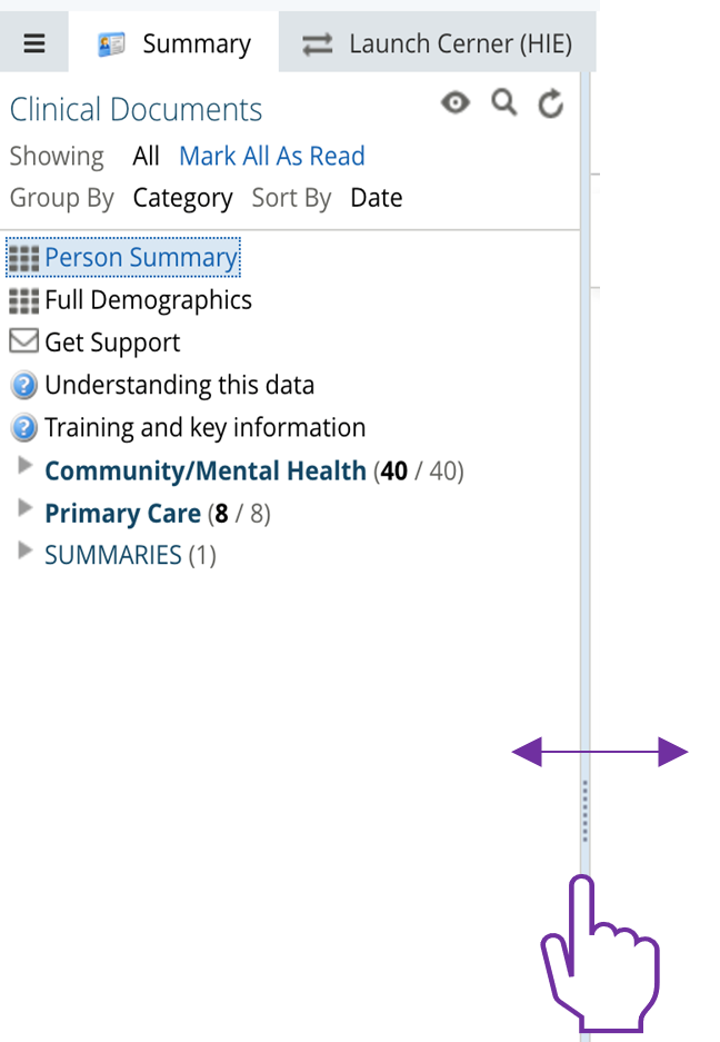 Screenshot showing the clinical document viewer panel being resized by dragging the divider line left and right to adjust the viewing space for the document tree.