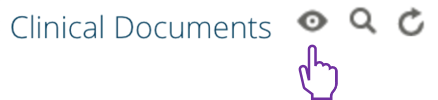 Screenshot showing the eye-shaped configure icon in the clinical document viewer toolbar for accessing display and filtering options.