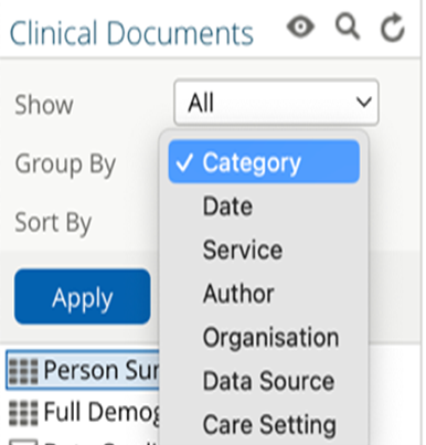 Dropdown menu showing document grouping options including category, date, service, author, organisation, data source, and care setting for organizing the document tree display.
