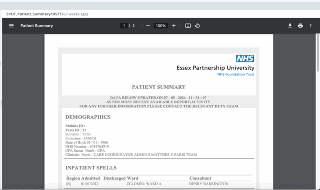 Screenshot showing an example clinical document opened in the main viewing window after being selected from the clinical document viewer tree.