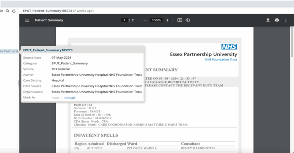 Screenshot demonstrating the hover functionality over a document in the clinical document viewer tree, showing options to mark documents as read or unread.