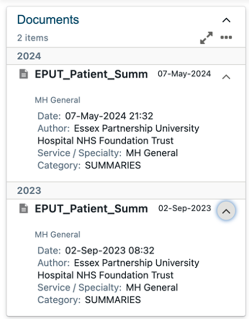 Screenshot of the documents dashboard card within the person summary screen showing a list of clinical documents that can be accessed directly from the dashboard.