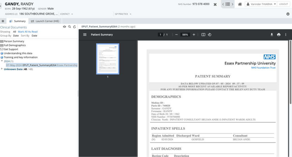 Screenshot showing how selecting a document from the dashboard card opens it in the clinical document viewer and places it in chronological order within the document tree.
