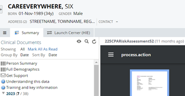 Screenshot showing the Summary tab and document grouping options that can be used to return to the standard view of the clinical document viewer from other viewing modes.