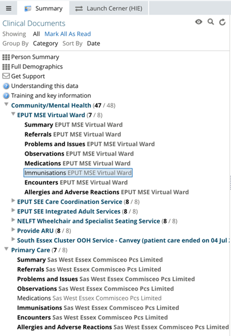 creenshot of the clinical document viewer tree with organization folders expanded, revealing the medication subfolder that contains medication and immunization data recorded by each healthcare organization.