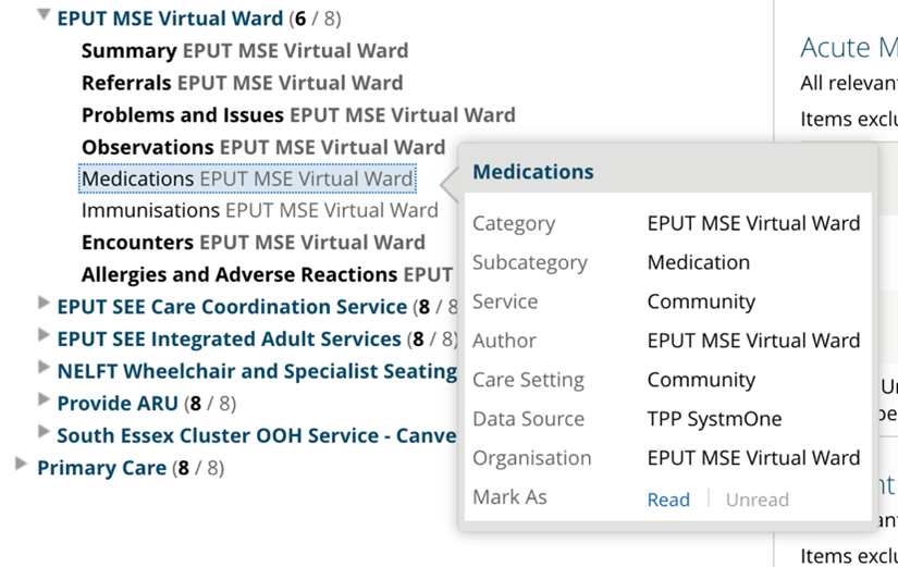 Screenshot showing a tooltip or hover popup displaying detailed metadata information for a medication subfolder, including category, subcategory, service, author, care setting, data source, and organization details.