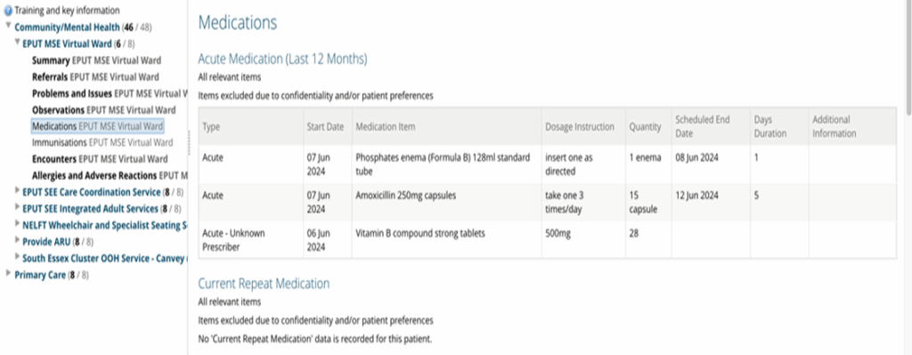Screenshot of the clinical document viewer displaying medication information from a specific organization after clicking into their medication folder.