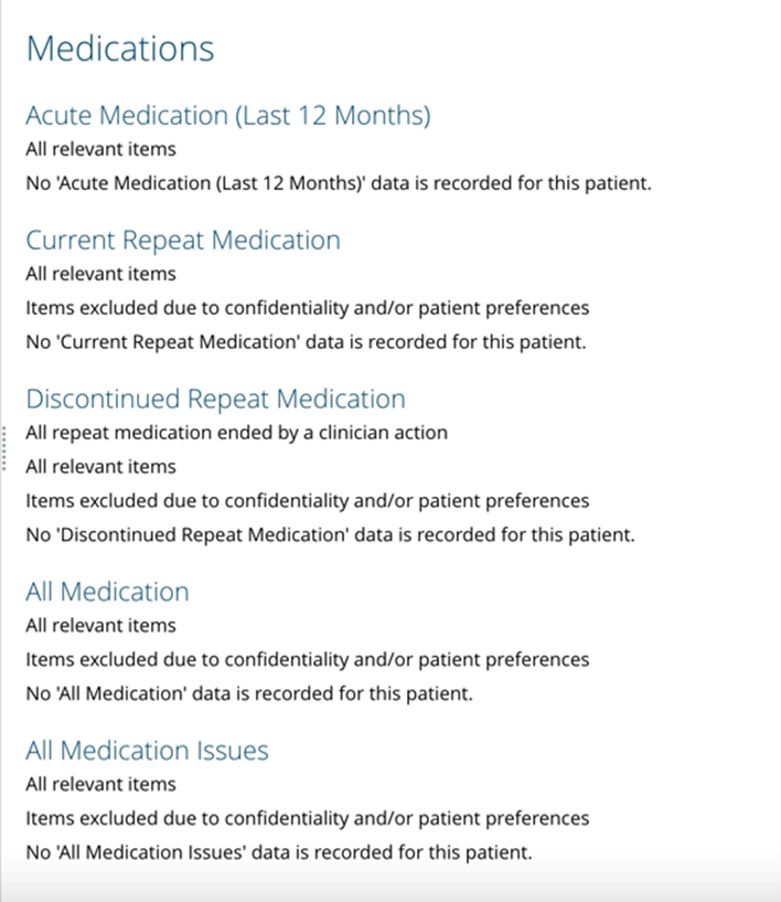 Screenshot of the main medication viewing window showing organized sections including acute medications, current repeat medication, discontinued repeat medication, all medication, and all medication issues displayed on a single page.