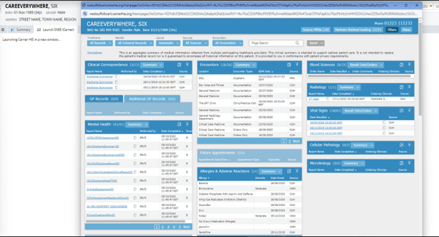 Screenshot of the Suffolk and North East Essex (SNEE) Cerner Health Information Exchange system interface displaying patient information in a new browser window after being launched from the Shared Care Record.