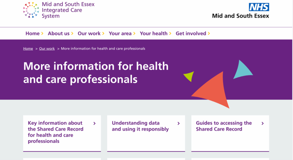 Screenshot of the more information for health and care professionals